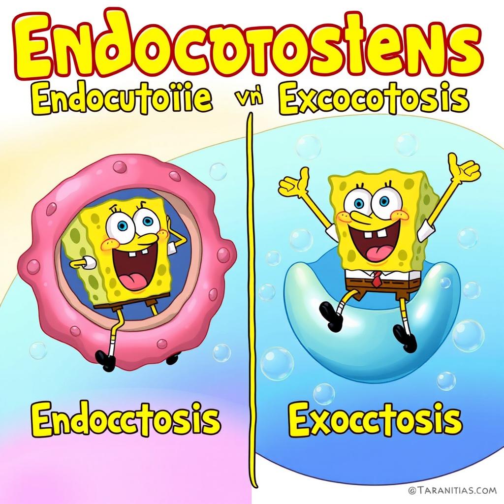 A whimsical and educational illustration of endocytosis and exocytosis, featuring SpongeBob SquarePants in place of the substances typically involved in these processes