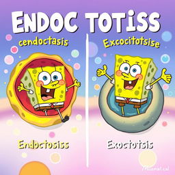 A whimsical and educational illustration of endocytosis and exocytosis, featuring SpongeBob SquarePants in place of the substances typically involved in these processes