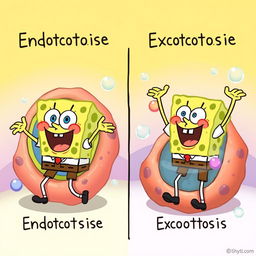 A whimsical and educational illustration of endocytosis and exocytosis, featuring SpongeBob SquarePants in place of the substances typically involved in these processes