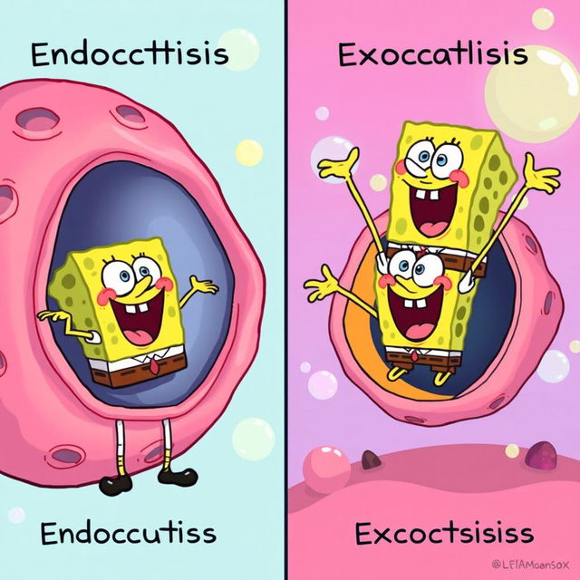 A whimsical and educational illustration of endocytosis and exocytosis, featuring SpongeBob SquarePants in place of the substances typically involved in these processes