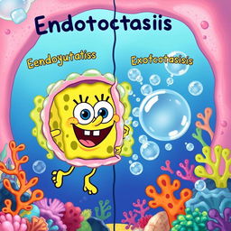 A colorful and playful illustration representing endocytosis and exocytosis, featuring SpongeBob SquarePants' face instead of the usual substances