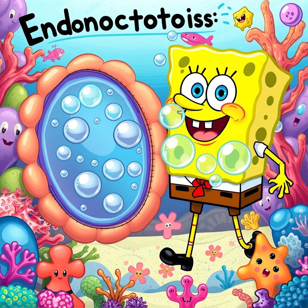 A colorful and playful illustration representing endocytosis and exocytosis, featuring SpongeBob SquarePants' face instead of the usual substances