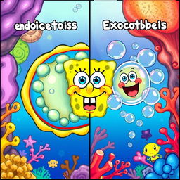 A colorful and playful illustration representing endocytosis and exocytosis, featuring SpongeBob SquarePants' face instead of the usual substances
