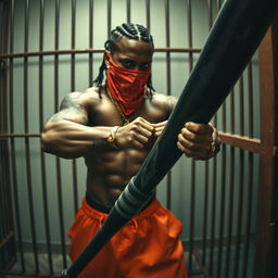 A grainy CCTV footage style image featuring a muscular African American gang member wearing baggy orange pants and a red bandana mask covering his nose and mouth