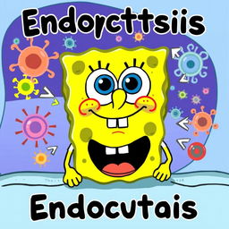 A humorous scientific illustration depicting the process of endocytosis, featuring SpongeBob SquarePants' face instead of the typical cellular substances