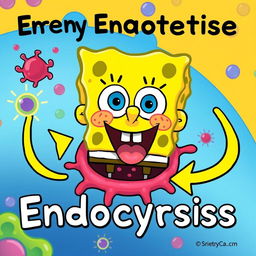 A humorous scientific illustration depicting the process of endocytosis, featuring SpongeBob SquarePants' face instead of the typical cellular substances