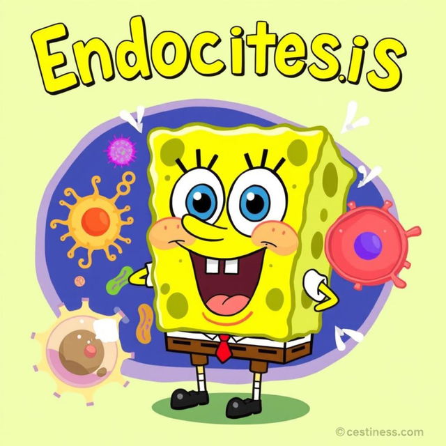 A humorous scientific illustration depicting the process of endocytosis, featuring SpongeBob SquarePants' face instead of the typical cellular substances