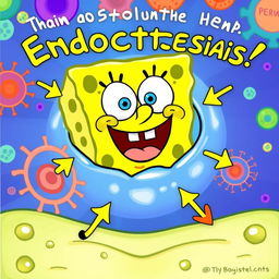 A humorous scientific illustration depicting the process of endocytosis, featuring SpongeBob SquarePants' face instead of the typical cellular substances