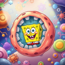 A whimsical illustration depicting the process of endocytosis, featuring SpongeBob SquarePants' face instead of the substances being engulfed