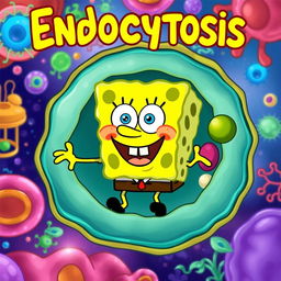 A whimsical illustration depicting the process of endocytosis, featuring SpongeBob SquarePants' face instead of the substances being engulfed