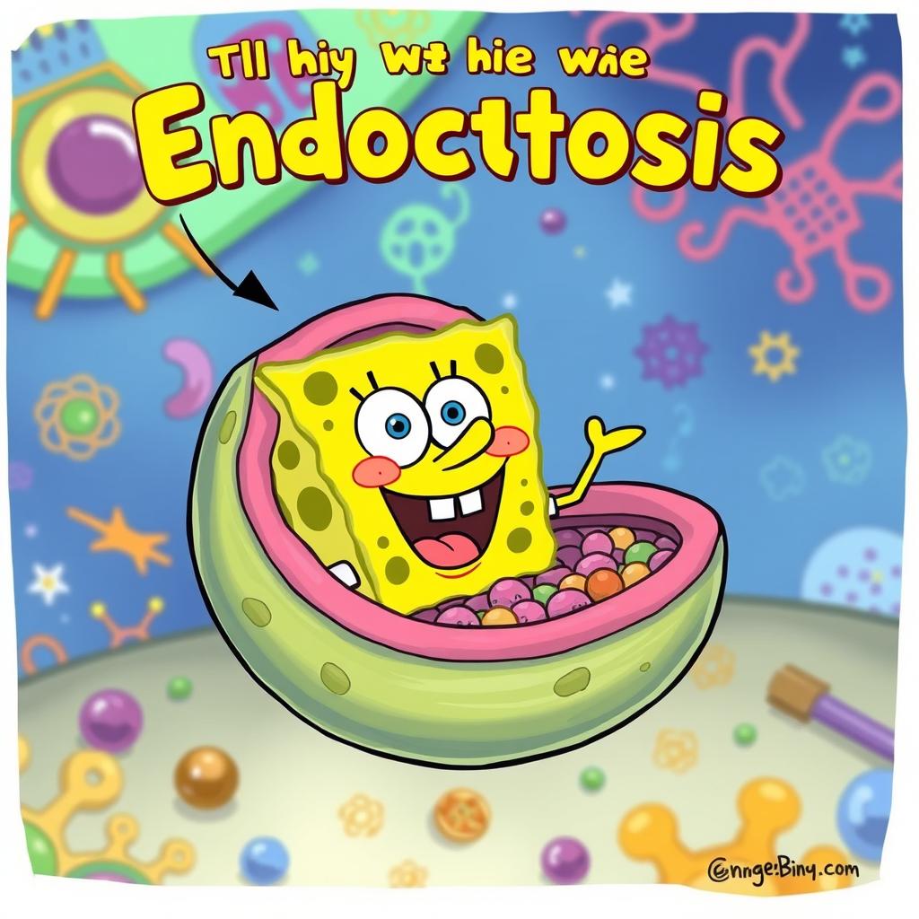 A whimsical illustration depicting the process of endocytosis, featuring SpongeBob SquarePants' face instead of the substances being engulfed