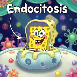 A whimsical illustration depicting the process of endocytosis, featuring SpongeBob SquarePants' face instead of the substances being engulfed