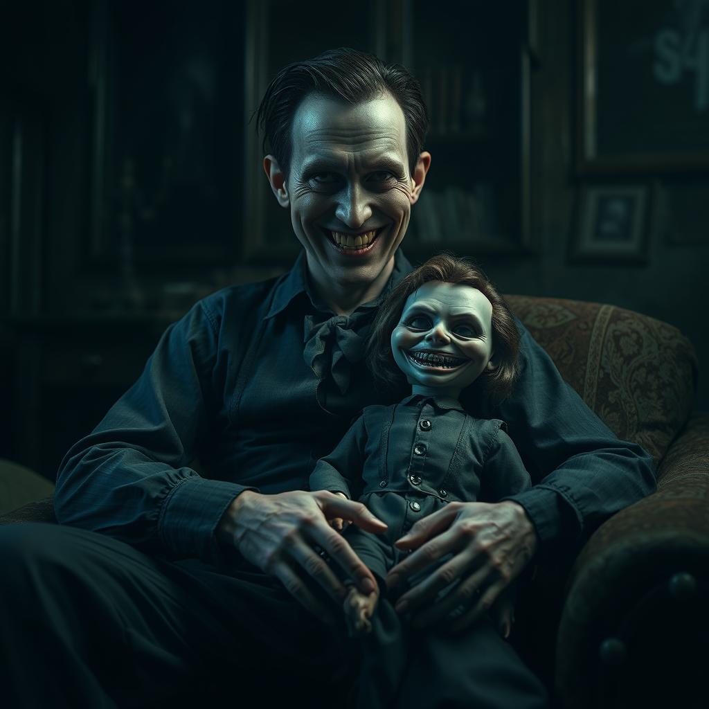 A creepy scene featuring a man with a sinister smile, exuding an eerie aura