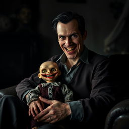 A creepy scene featuring a man with a sinister smile, exuding an eerie aura