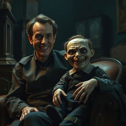 A creepy scene featuring a man with a sinister smile, exuding an eerie aura