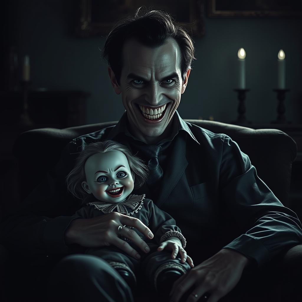 A chilling portrayal of a man with a macabre smile, emanating a sinister vibe