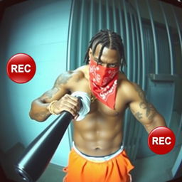 Grainy CCTV footage capturing a muscular African American gang member wearing baggy orange pants and a red bandana mask covering his nose and mouth