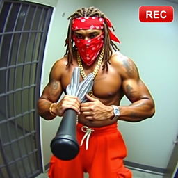 Grainy CCTV footage capturing a muscular African American gang member wearing baggy orange pants and a red bandana mask covering his nose and mouth