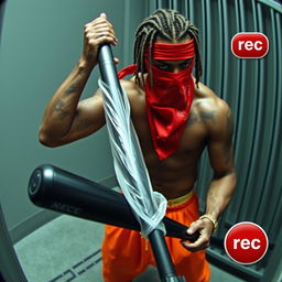 Grainy CCTV footage capturing a muscular African American gang member wearing baggy orange pants and a red bandana mask covering his nose and mouth