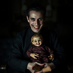 A haunting scene featuring a man with a sinister, macabre smile, seated in a dimly lit room