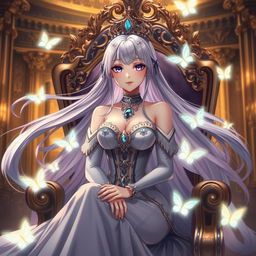 A regal anime queen with flowing long hair and an elegant gown adorned with jewels, seated on a lavish throne