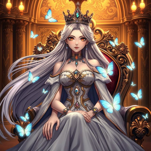 A regal anime queen with flowing long hair and an elegant gown adorned with jewels, seated on a lavish throne