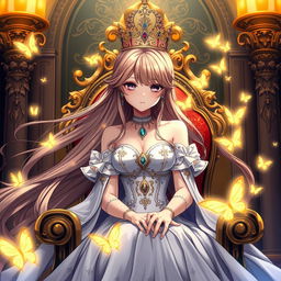 A regal anime queen with flowing long hair and an elegant gown adorned with jewels, seated on a lavish throne