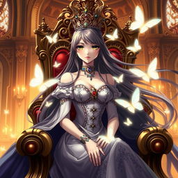 A regal anime queen with flowing long hair and an elegant gown adorned with jewels, seated on a lavish throne