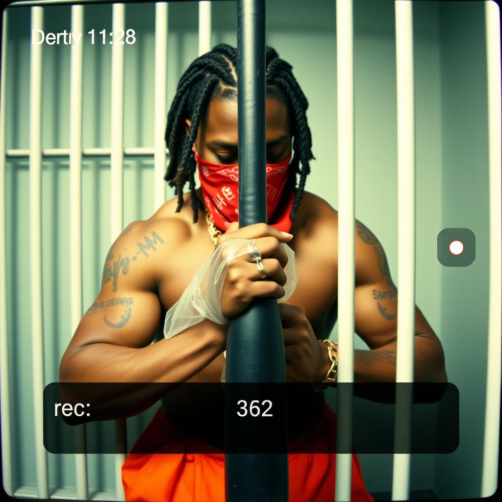 Grainy camcorder footage style image featuring a muscular African American gang member inside a prison cell