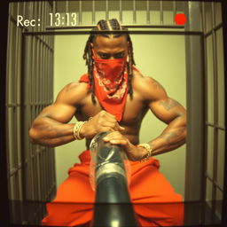 Grainy camcorder footage style image featuring a muscular African American gang member inside a prison cell