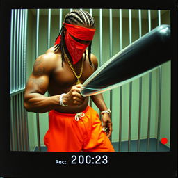 Grainy camcorder footage style image featuring a muscular African American gang member inside a prison cell