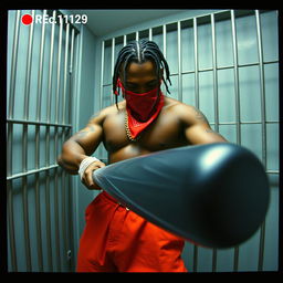 Grainy camcorder footage style image featuring a muscular African American gang member inside a prison cell