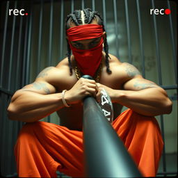 Grainy camcorder footage of a muscular African American man resembling a gang member, wearing baggy orange pants and a red bandana mask covering his nose and mouth, with stylish cornrows and a prominent gold chain around his neck