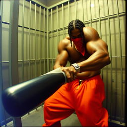 Grainy camcorder footage of a muscular African American man resembling a gang member, wearing baggy orange pants and a red bandana mask covering his nose and mouth, with stylish cornrows and a prominent gold chain around his neck