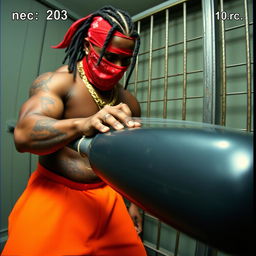 Grainy camcorder footage of a muscular African American man resembling a gang member, wearing baggy orange pants and a red bandana mask covering his nose and mouth, with stylish cornrows and a prominent gold chain around his neck