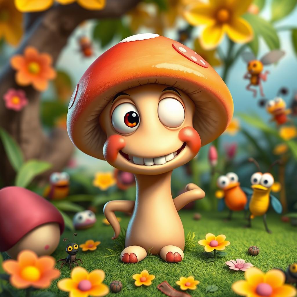 A whimsical and funny mushroom character inspired by the vibrant art style of the game series Worms, featuring exaggerated features, bright colors, and a playful, cartoonish design