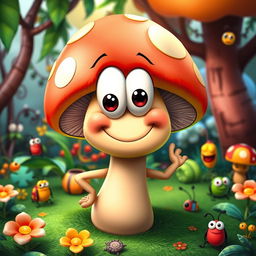 A whimsical and funny mushroom character inspired by the vibrant art style of the game series Worms, featuring exaggerated features, bright colors, and a playful, cartoonish design