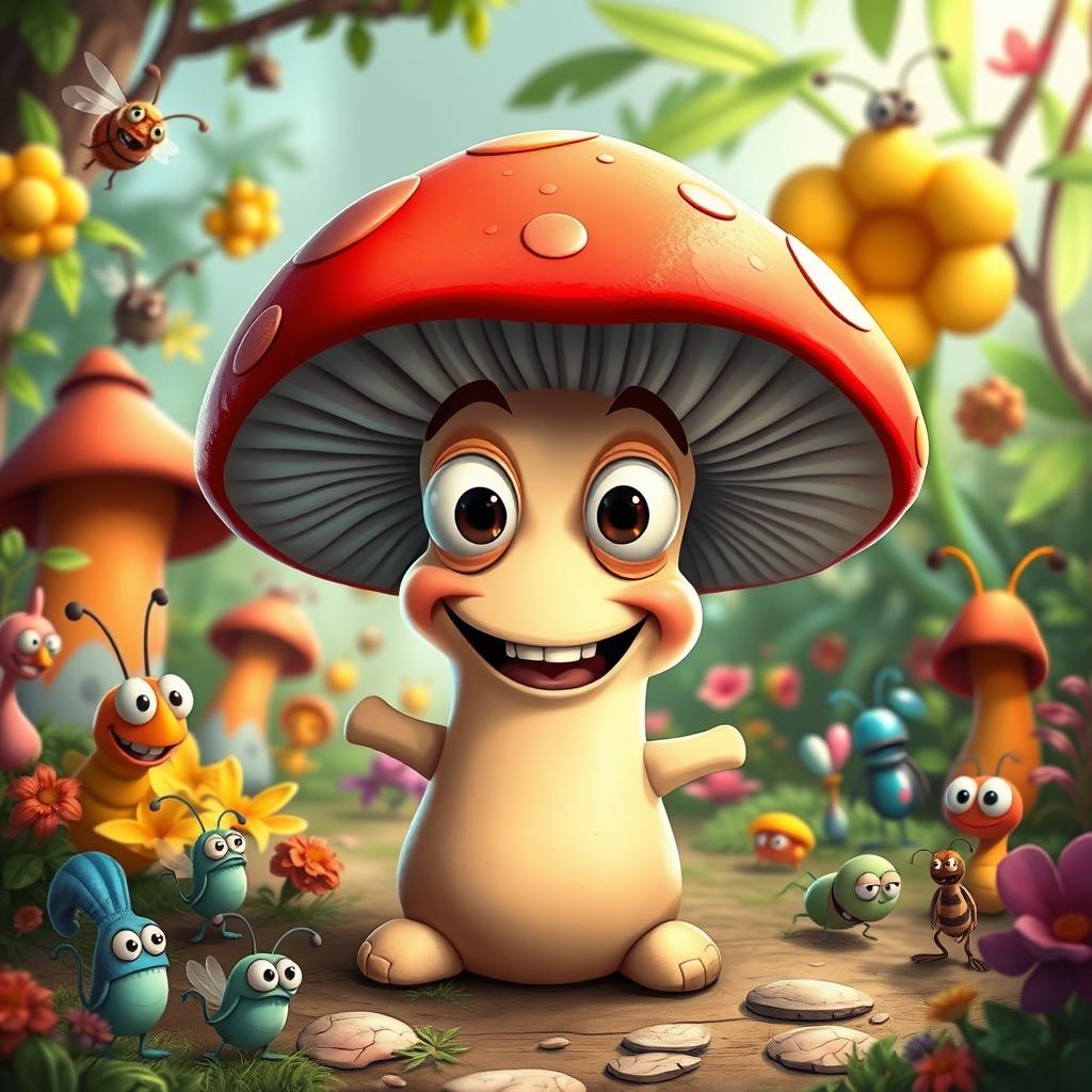 A whimsical and funny mushroom character inspired by the vibrant art style of the game series Worms, featuring exaggerated features, bright colors, and a playful, cartoonish design