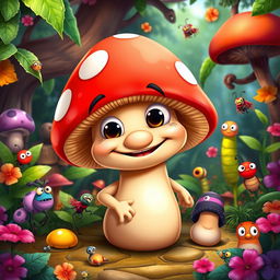 A whimsical and funny mushroom character inspired by the vibrant art style of the game series Worms, featuring exaggerated features, bright colors, and a playful, cartoonish design