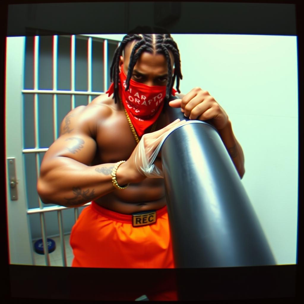 A grainy VHS camcorder footage style image featuring a muscular African American gang member inside a prison cell