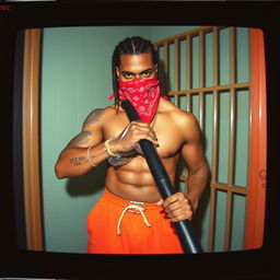 A grainy VHS camcorder footage style image featuring a muscular African American gang member inside a prison cell