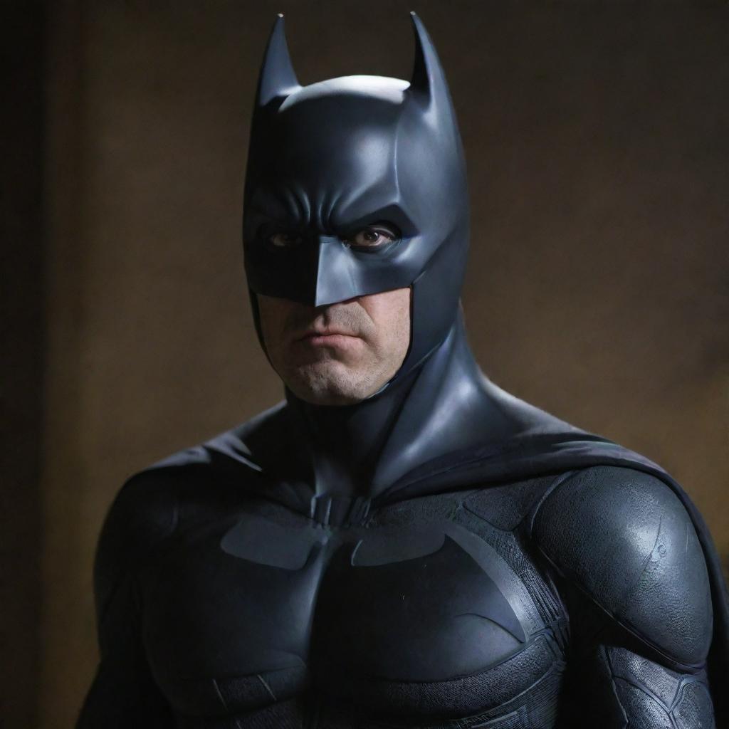 Batman dressed in his iconic suit standing firmly. His face, usually exposed, is now obscured by a full-covering sleek black mask.