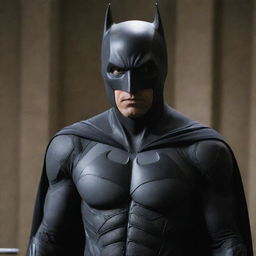 Batman dressed in his iconic suit standing firmly. His face, usually exposed, is now obscured by a full-covering sleek black mask.