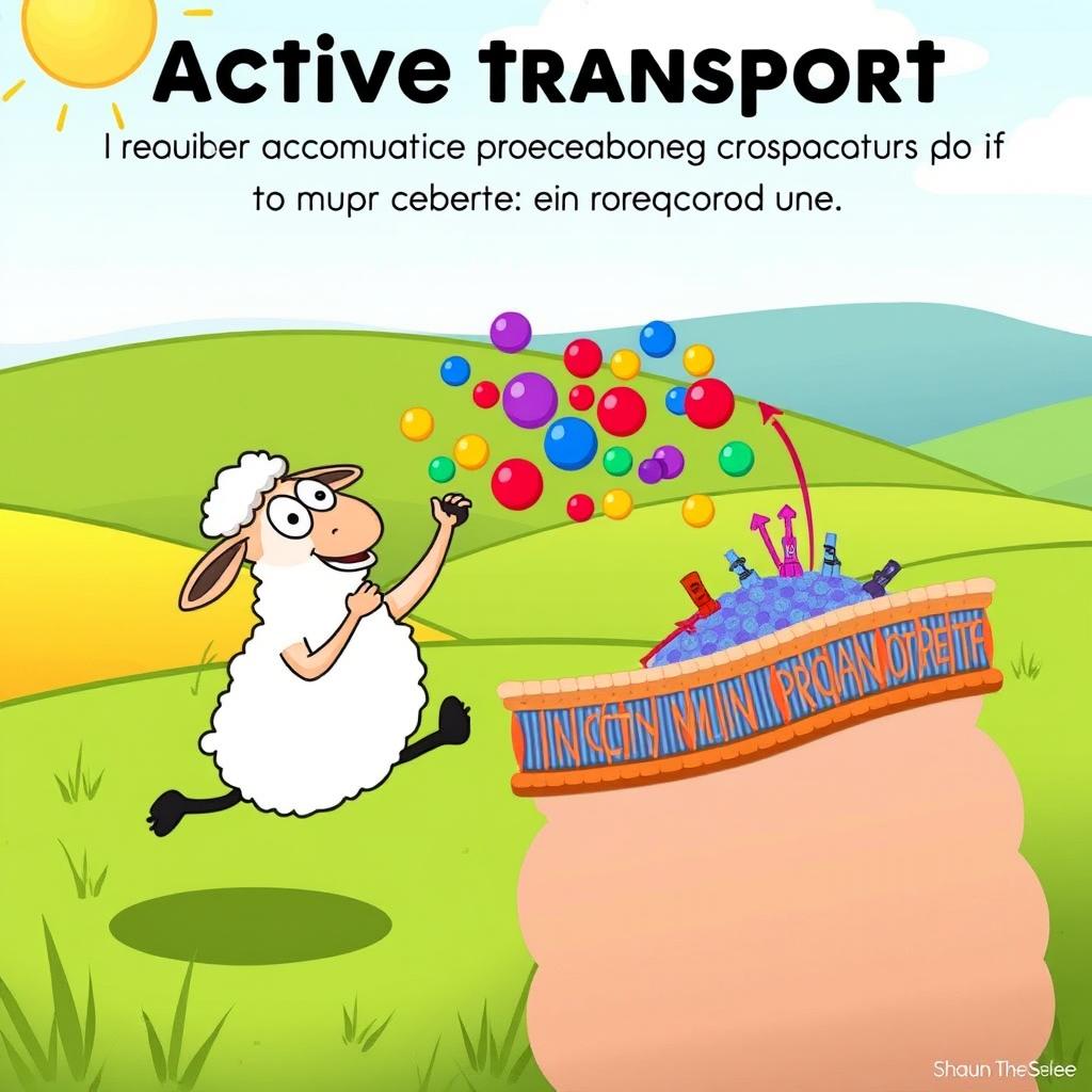 A fun and educational cartoon scene featuring Shaun the Sheep demonstrating active transport across a cell membrane