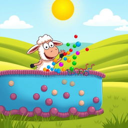 A fun and educational cartoon scene featuring Shaun the Sheep demonstrating active transport across a cell membrane