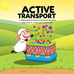 A fun and educational cartoon scene featuring Shaun the Sheep demonstrating active transport across a cell membrane