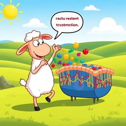 A fun and educational cartoon scene featuring Shaun the Sheep demonstrating active transport across a cell membrane