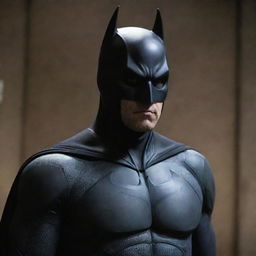 Batman dressed in his iconic suit standing firmly. His face, usually exposed, is now obscured by a full-covering sleek black mask.