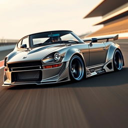 An imaginative car design featuring a Datsun 240Z customized with a Bugatti-inspired Rocket Bunny body kit