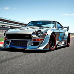 An imaginative car design featuring a Datsun 240Z customized with a Bugatti-inspired Rocket Bunny body kit